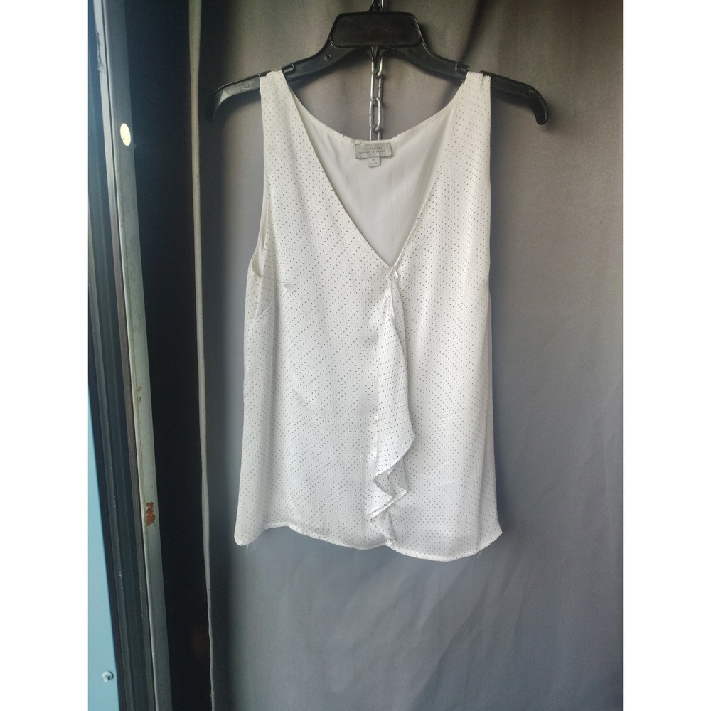 Tahari Arthur S. Levine Womens White Polka Dot Ruffle V-Neck Sleeveless Blouse M